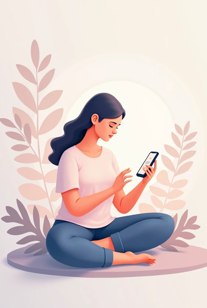 an illustration of someone using a meditation app on their phone, show the interface of their phone, written mental calmness