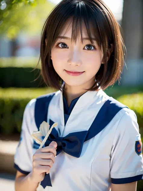 One 2 woman,beautiful詳細な目,Balanced Eyes,非常にbeautiful詳細な顔,4K,8k,Masterpiece,Realistic,Vibrant colors,Warm lighting,Soft Focus,Idol,(Hinatazaka46 Uniform,Super Short Hair:1.5),smile,cute,Adorable,Bright expression,Realistic,Cinema Lighting,elegant,beautiful,...