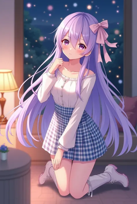 One girl, Long Hair, High resolution, Best Quality,  smile, Sparkle Effect, anime, Ultra-detailed, Light purple hair、Gingham check dress、White blouse、Long sleeve、Character portrait、cute、全身Character portrait、Mature、White boots、Mini skirt length、Background b...