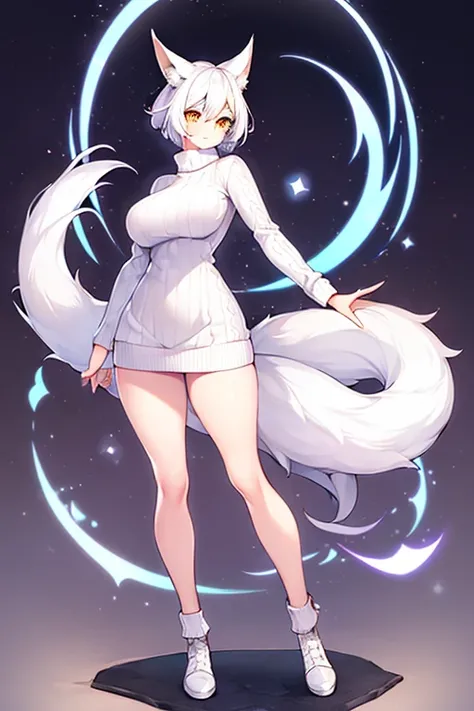 1girl, very short hair, white hair, fox ears, fox tail, yellow eyes, sweater, black sweater, bare legs, light smile, large breasts, hourglass figure, full body, ((full body)), hands behind back, mature female, standing