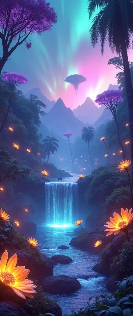 "A vibrant jungle with towering, bioluminescent trees glowing in shades of purple and teal. The sky is filled with swirling auroras, and exotic animals with shimmering, iridescent fur roam freely. A waterfall cascades from a floating island above, its wate...