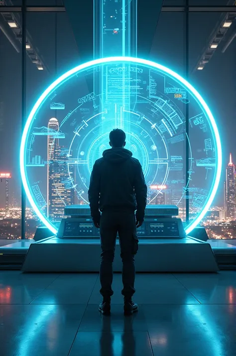 Here’s a detailed prompt for your image:

"A man stands confidently in front of a sleek, futuristic machine glowing with neon blue lights. The machine has a metallic, polished surface with holographic displays floating around it, showcasing advanced data a...