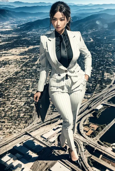 A young curvaceous giantess in white pinstriped three-piece trouser suit, black office shirt, big white necktie windsor knot, blonde ponytail, wearing black platform high heels on feet, standing on a city, cityscape background of mega-city, urban sprawl, s...