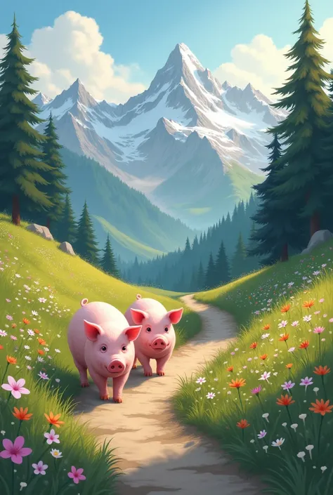 Pigs walking along a scenic mountain path: The pigs walk along a narrow mountain trail, surrounded by pine trees and colorful wildflowers, with views of the Alps stretching far into the distance. Format 9:16.