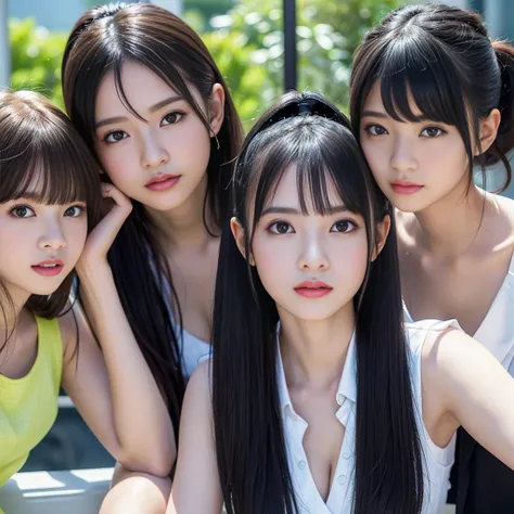 Best Quality、masterpiece、Ultra-high resolution、(Realistic: 1.4)、(((3 girls)))、((cute))、Black Hair、(Ultra-Realistic Details))、((No makeup))、(smile)、Portraiture、shadow、Octane Rendering、8k、Ultra Sharp、Ponytail、Short Bob、One length、((Office Suits))、Very intric...