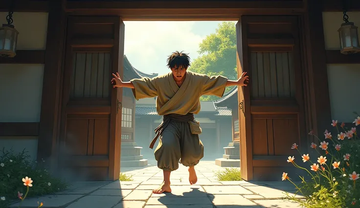 "Hiro, 24, still in his worn light brown tunic and dark grey pants, kicks open the large wooden gate of the temple in frustration. His face is flushed with anger, and his short black hair is disheveled. The peaceful temple courtyard, with its flowers, ston...