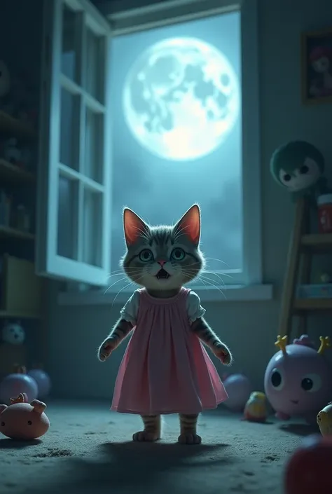 The same cat, now standing near the window, looks startled as the window flings open. Her pink dress is fluttering slightly in the breeze. The moonlight is brighter now, and cold wind is blowing into the room, causing the toys to move slightly. The atmosph...