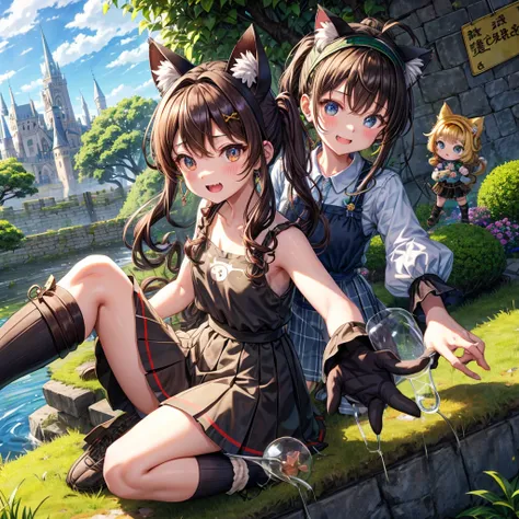 Rainbow brown hair、Rainbow Eyes、Wavy Hair、Hair tied up、Two cute、Checked mini skirt、Black T-shirt、Cat ear hood、Black knee-high socks、Headband、Teeth are visible、Monster Castle、Tilting face、lawn、In front of the city gates、Underground tunnels、The stone is crac...