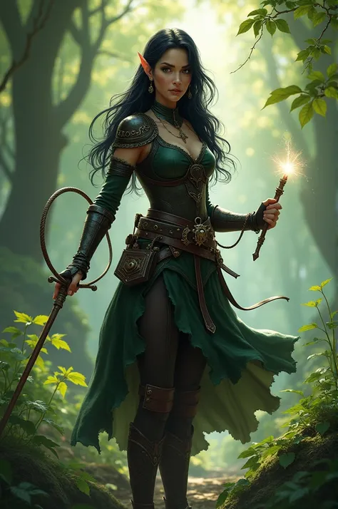 Create an RPG character. A magical elf of average beauty, with leather armor, holding a whip, and in the other hand a wand, black hair and eyes and in the forest.