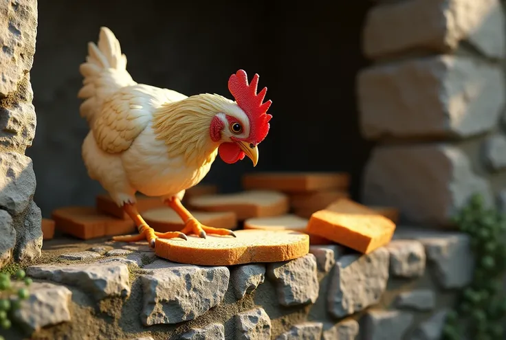 (((Masterpiece))), (((Highest quality))), ((Very detailed)), (photograph), High resolution, a hyper-realistic scene of a chicken perched on an old stone wall, pecking at pieces of hard bread. Its feathers are soft and natural in texture, while the bread ha...