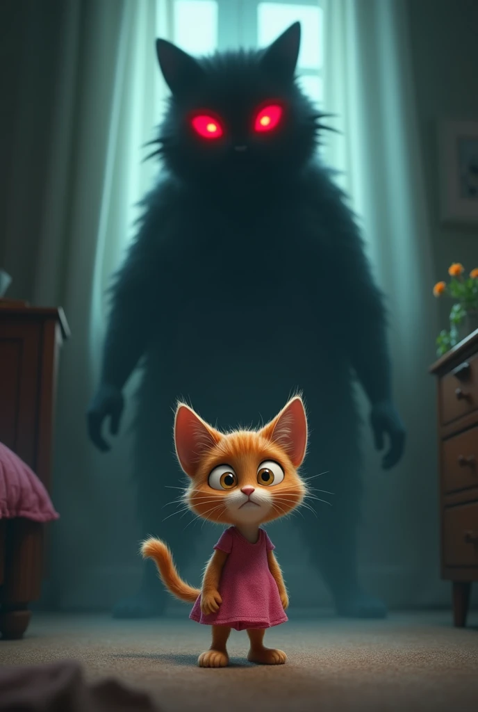 The cartoon brown cat with big eyes and pink dress stands frozen in the middle of her room. A dark, menacing shadow appears behind her, towering and undefined, with glowing red eyes. The cat looks terrified, glancing over her shoulder as the shadow creeps ...