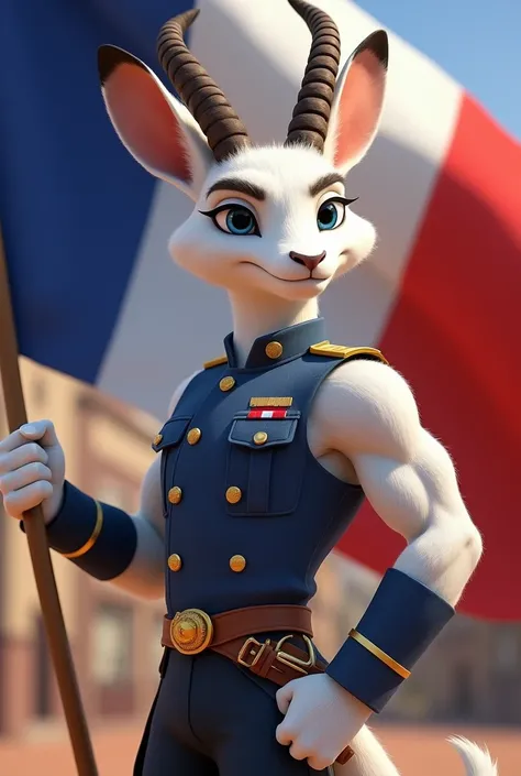 Gazelle pelage blanc  masculine en treillis militaire qui tient un drapeau français qui montre ses biceps qui lève le poing en portrait , l’air sympathique, type zootopia  yeux bleu petites oreilles ,avec des corne de gazelle, 