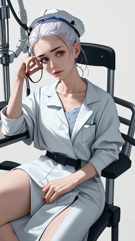 create image high quality realistic 8K.A sick person sit on the chair. The doctor hold  magnetic coil tighttly with both hand healing on her head. Hospital backgorund. The patient wear white hat cover head.