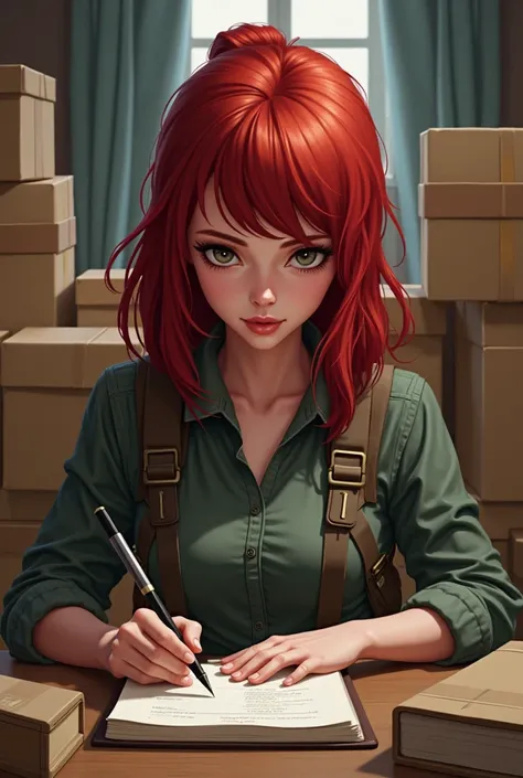 a woman working in expedition assembling boxes, redhead woman sitting in front of the notebook, with medium boxes around, the darkest red hair