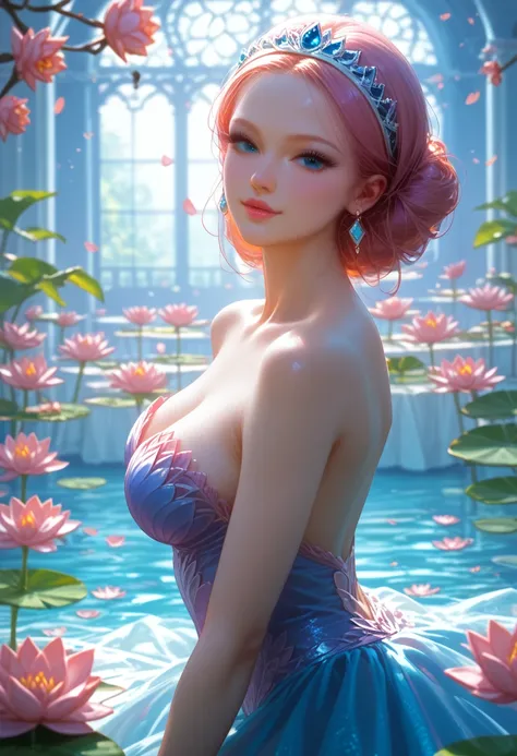 One girl,Ideal Traits, Beautiful Pose, Playing with the Spectator, Flirting, Sexy, Passionate about it, bright colors, Beckons, Sweetness, decorations, Lotus Flowers, The Light Sparkles,masterpiece, Maximum Quality, Ideal Appearance, ideal anatomy, Shine,c...