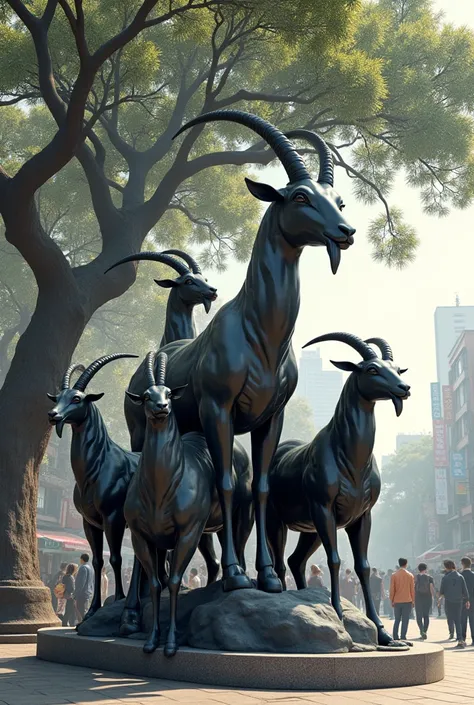 Guangzhou Six Goats Statue，Kapok，Ink Style，crowd