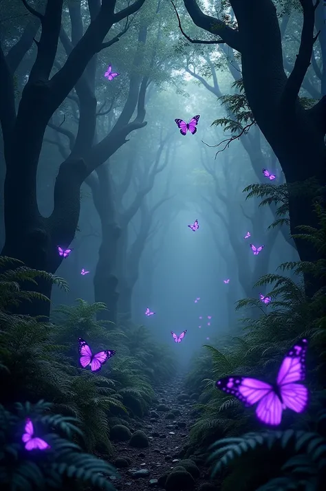 Bottom. Dark forest with bright purple butterflies