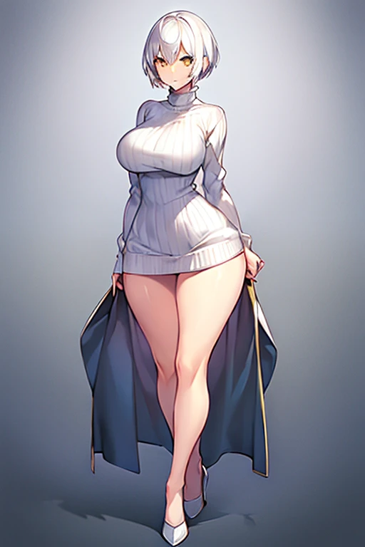 1girl, very short hair, white hair, yellow eyes, sweater, white sweater, bare legs, light smile, large breasts, hourglass figure, full body, ((full body)), hands behind back, mature female, standing, arms behind back, ((arms behind back))