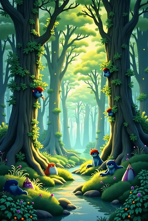  Viral anime nature wallpaper in 4K quality, in the style of digital illustration inspired by Hayao Miyazaki, featuring a serene forest with towering ancient trees, dappled sunlight filtering through the leaves, a gentle stream flowing through the scene, a...