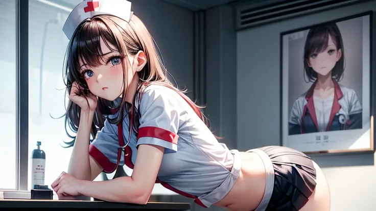 A nurse in a mini skirt、While striking a stylish pose in the examination room、A scene that exudes calm and adult sexiness。Her serious expression and soft atmosphere create a contrast。