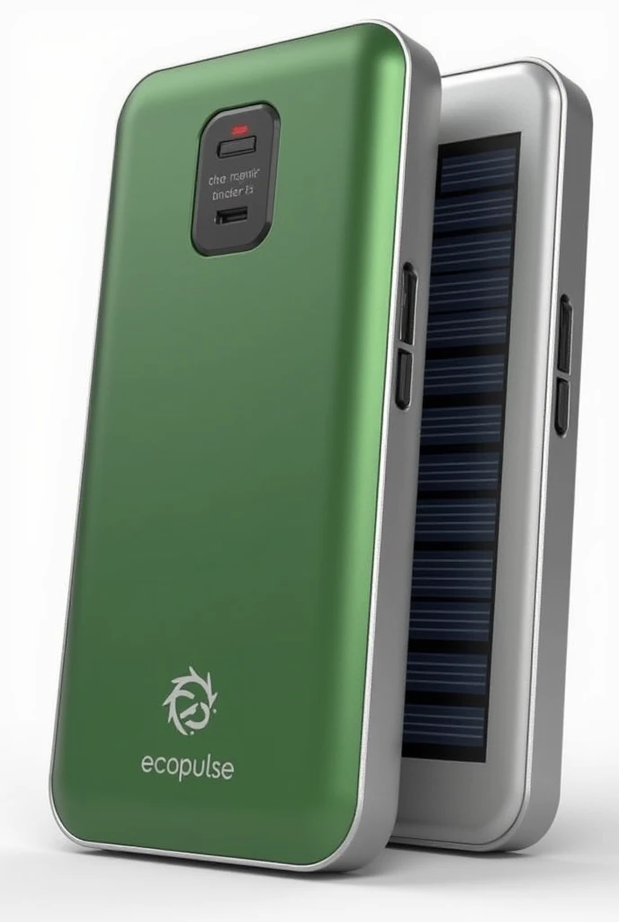 make me a power bank that can self-charge using a solar panel on the power banks side panel and has a switch that can be used to determine whether it is in power bank mode or power station mode, put the logo "EcoPulse" and make the logos color green and si...