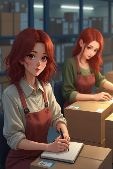 a 2 woman working in shipping assembling boxes, redhead woman sitting in front of the notebook, with medium boxes around, the dark red hair, woman with long dark red wavy hair , with more realistic face