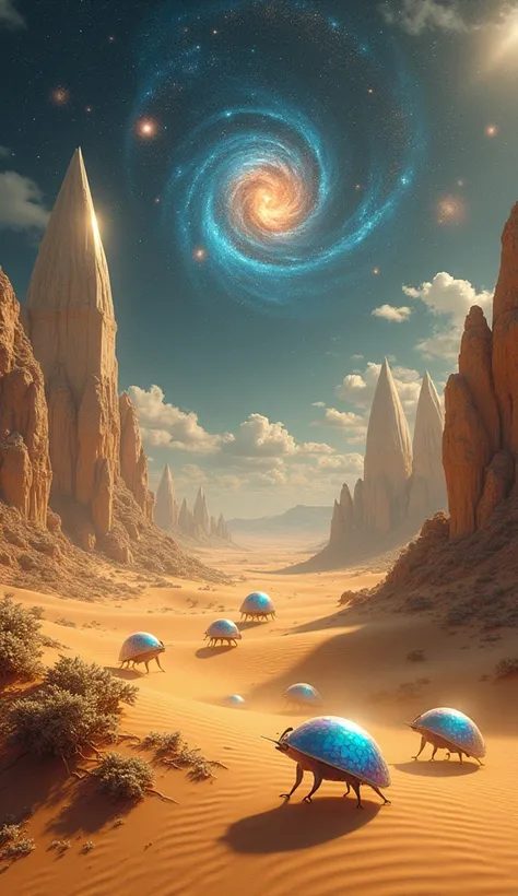 Celestial Desert Mirage: "A desert of sparkling, golden sand dunes stretching to the horizon under a sky filled with swirling galaxies. Giant, transparent crystal formations rise from the ground, humming with energy. A shimmering oasis reflects the nebulae...