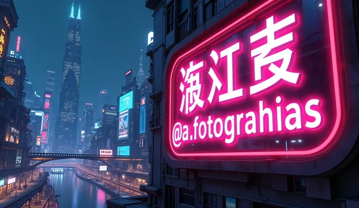 Uma placa em neon escrIto: "@I.a.fotografIas".
Ao fundo uma cIdade do futuro(EstIlo anIme 2D, IntrIcate detaIls, hyper-realIstIc, extremely IntrIcate detaIls, 8k)