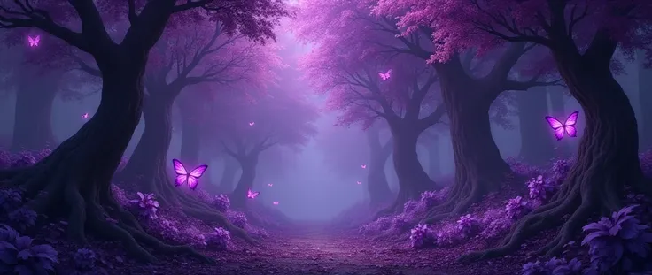 Bottom. Dark forest with bright purple butterflies and purple trees 