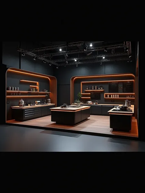 design a 3d Set for a cooking show in black and dark brown with 8 cooking plateforms