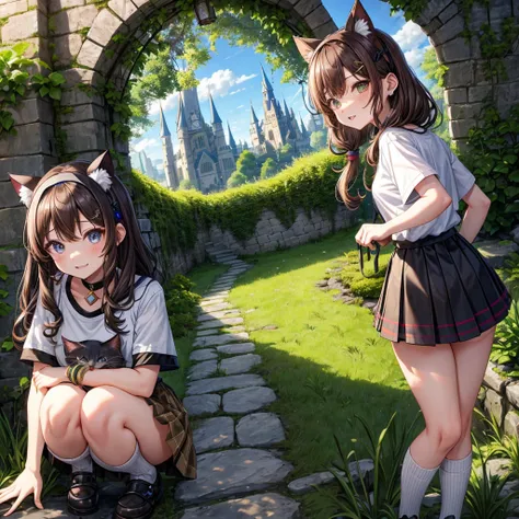 Rainbow brown hair、Rainbow Eyes、Wavy Hair、Hair tied up、Two cute、Checked mini skirt、Black T-shirt、Cat ear hood、Black knee-high socks、Headband、Teeth are visible、Monster Castle、Tilting face、lawn、In front of the city gates、Underground tunnels、The stone is crac...