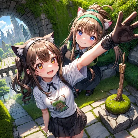 Rainbow brown hair、Rainbow Eyes、Wavy Hair、Hair tied up、Two cute、Checked mini skirt、Black T-shirt、Cat ear hood、Black knee-high socks、Headband、Teeth are visible、Monster Castle、Tilting face、lawn、In front of the city gates、Underground tunnels、The stone is crac...