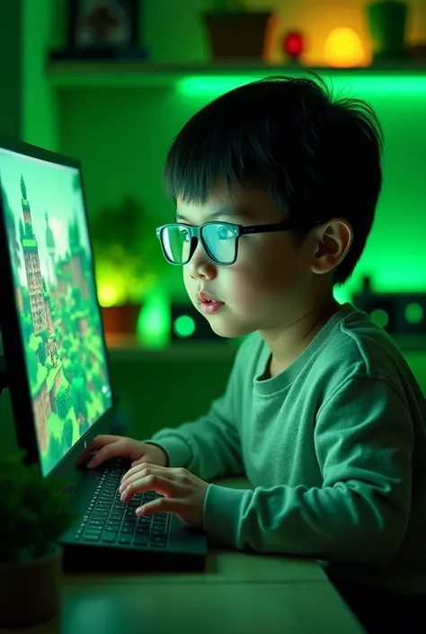 Create an 1 boy with glasses playing Minecraft in a setup with green details