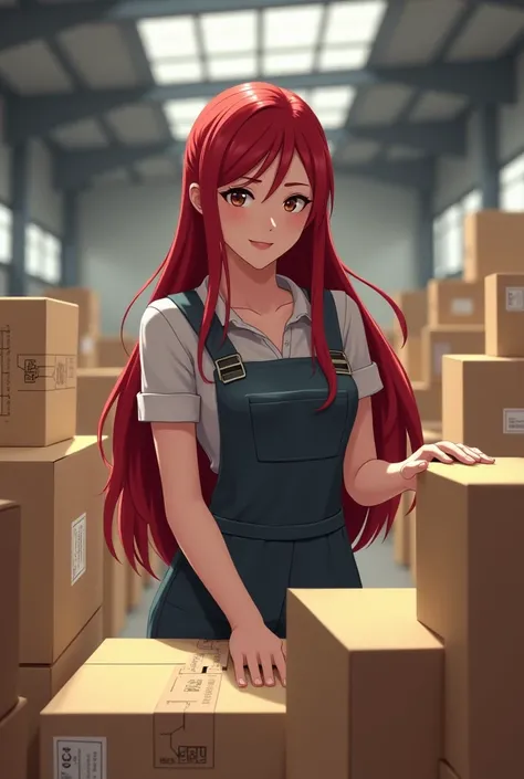 woman with long dark red hair working with shipping, with medium boxes around, without having an anime face