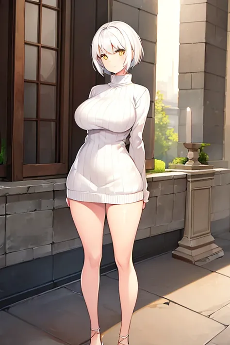 1girl, very short hair, white hair, yellow eyes, sweater, white sweater, bare legs, light smile, large breasts, hourglass figure, full body, ((full body)), hands behind back, mature female, standing, arms behind back, ((arms behind back)), leaning forward