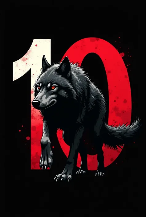 Create an image of the number 10 and have a wolf, Use black colors, white and red 