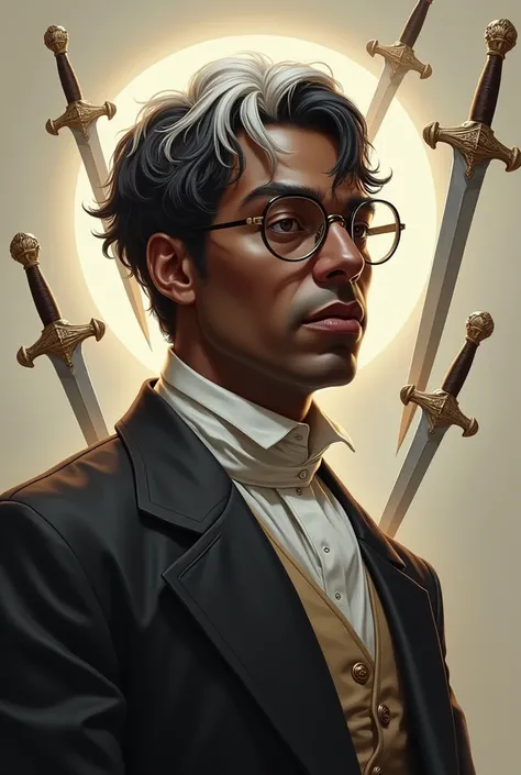 image of a dark-skinned man with short hair, com floating swords ao redor dele, realistic art, with old class clothes, white hair with brown, glasses, floating swords, 