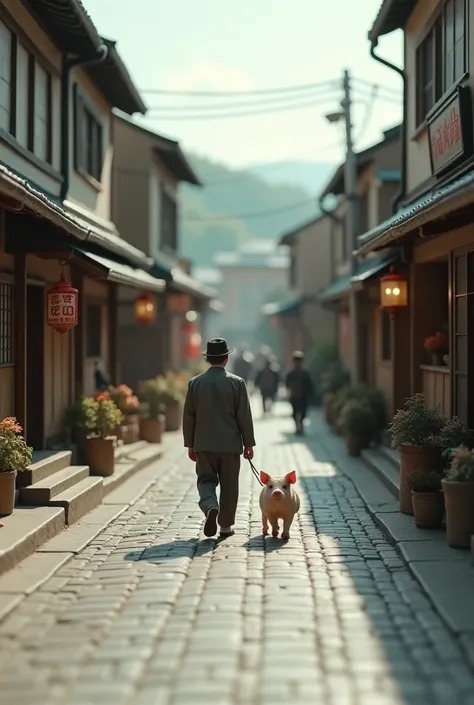 Miniature Photography、Miniature city、Best Quality、masterpiece、RAW Photos、Film Grain、Super Long Shot、Very detailed、Main street where people walk、Cobblestone Street、A man walking a pig、Movie-like set、Calm colors、Concept Art Style、break、Japan of the Meiji era...