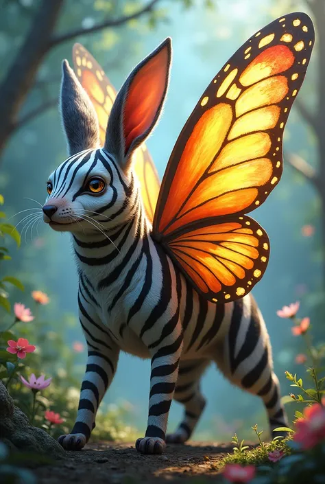 Draw an animal with a bear body, zebra stripes, rabbit ears, and large butterfly wings.