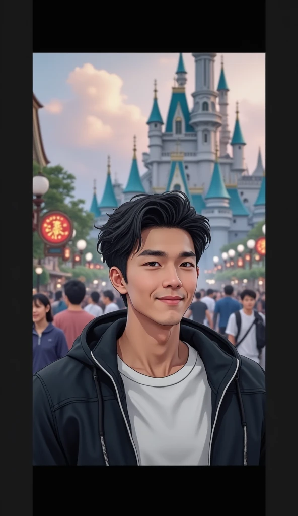 Japanese,25-30 years old, Handsome and sporty outfit ， fair skin, black eyes（thin eyes 1：3), Full body image,(Super detailed, Realistic, best quality, 4K, 8k, High resolution, masterpiece:1.3),  The background is Disneyland Main Street, U.S.A., he is very ...