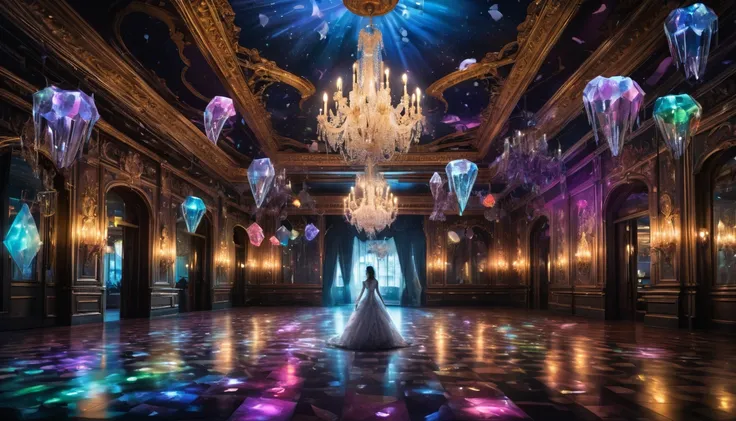 spooky whimsical dark night, The Crystal Ballroom
Crystals hang from the ceiling like chandeliers, casting prismatic rainbows around the room.
Ghostly figures waltz through the air, as if a never-ending enchanted ball is taking place.
The floor glows in re...