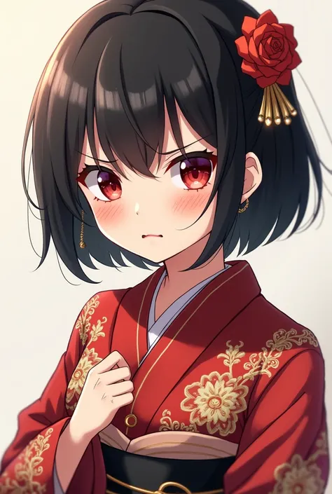 A young girl, traditional Japanese wedding dress, Short Hair, Black Hair, Red Eyes, Jewelry, Serious, Red Lips, Annoyed, Anime, 