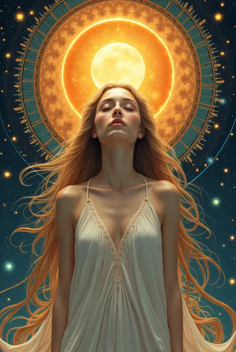 Sun and moon , beautifull woman with long hair, background mandala and good energy  flow in your body 