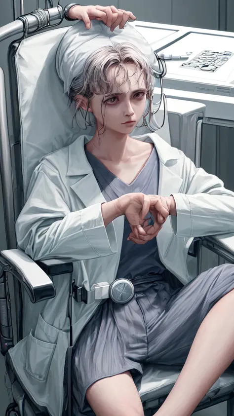 create image high quality realistic 8K.A sick person sit on the chair. The doctor hold  magnetic coil tighttly with both hand healing on her head. Hospital backgorund. The patient wear white hat cover head.