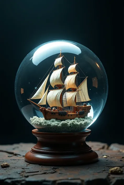 masterpiece, Surreal, Very high quality, Extremely sharp details. Description of one transparent crystal ball, There is a pirate ship inside the crystal ball., The crystal ball was placed on a display stand., The surroundings were pitch black., The light i...