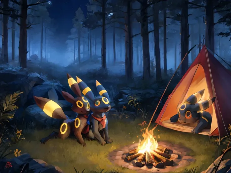 two umbreon playing together into a nightly forest, around a firecamp