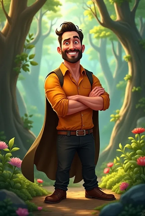 Jon Hamm, Cartoons in orange shirt and black pants, with arms crossed, I look forward and smile, showing teeth, the forest, magic cloak