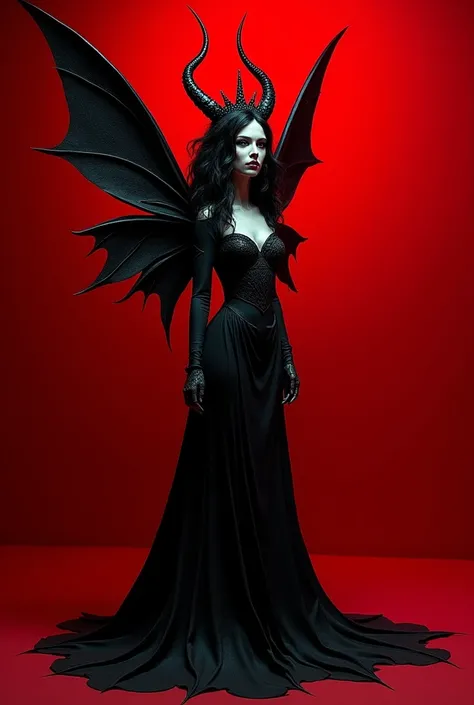 A fairy in black colour dress with wings like a devel with long waye hair in black colour with a crown looking like a evel quin with red background 