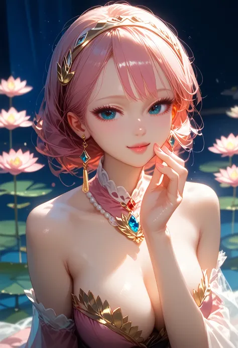 One girl,Ideal Traits, Beautiful Pose, Playing with the Spectator, Flirting, Sexy, Passionate about it, bright colors, Beckons, Sweetness, decorations, Lotus Flowers, The Light Sparkles,masterpiece, Maximum Quality, Ideal Appearance, ideal anatomy, Shine,c...