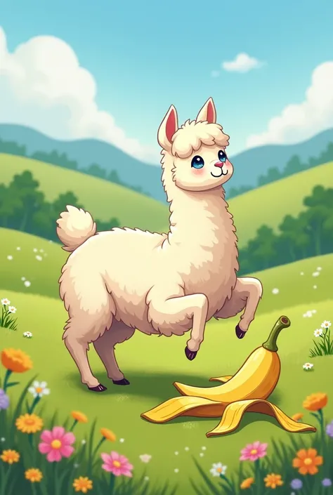 Alpaca slips and falls on a banana peel